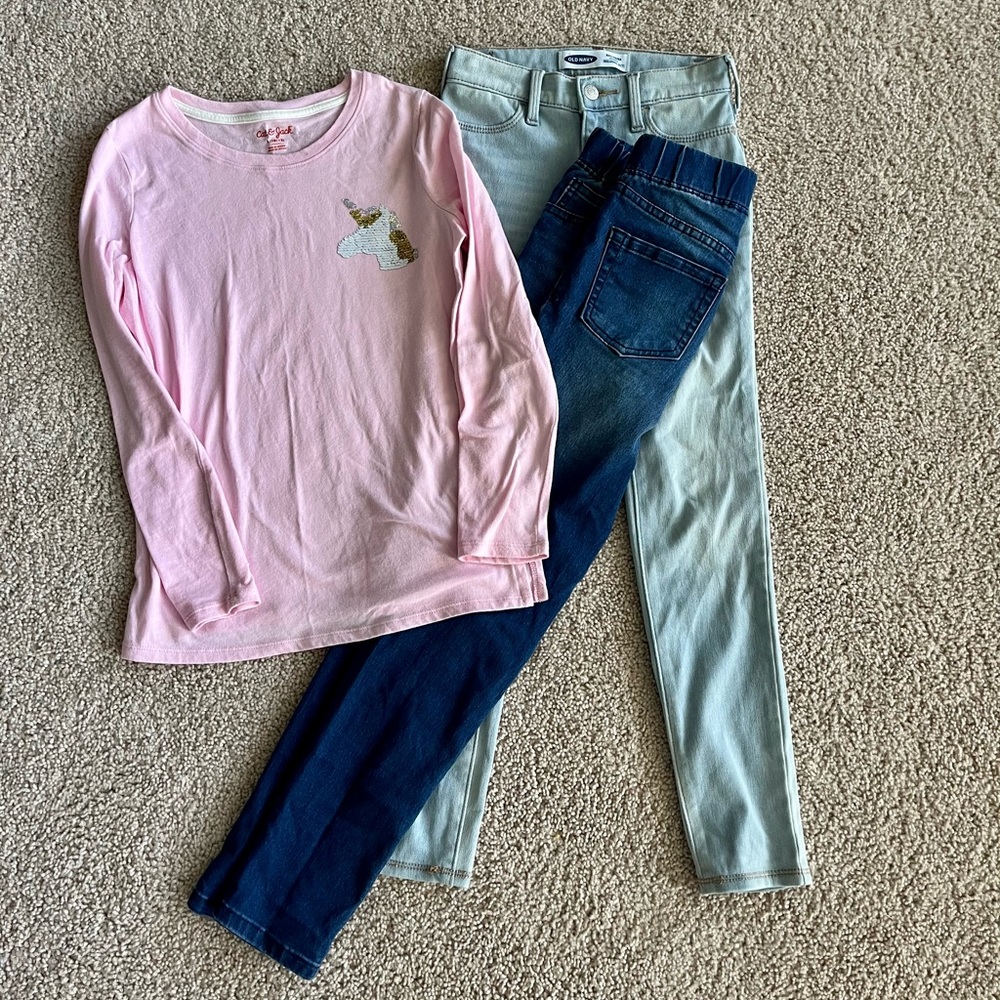 Girls begging a, skinny jeans pink unicorn top bundle 10-12
